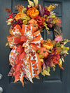 Fall Pumpkin & Pear Wreath w Large Bow, Autumn Decor