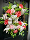 Spring Peony wreath in Coral w/ Striped Bow