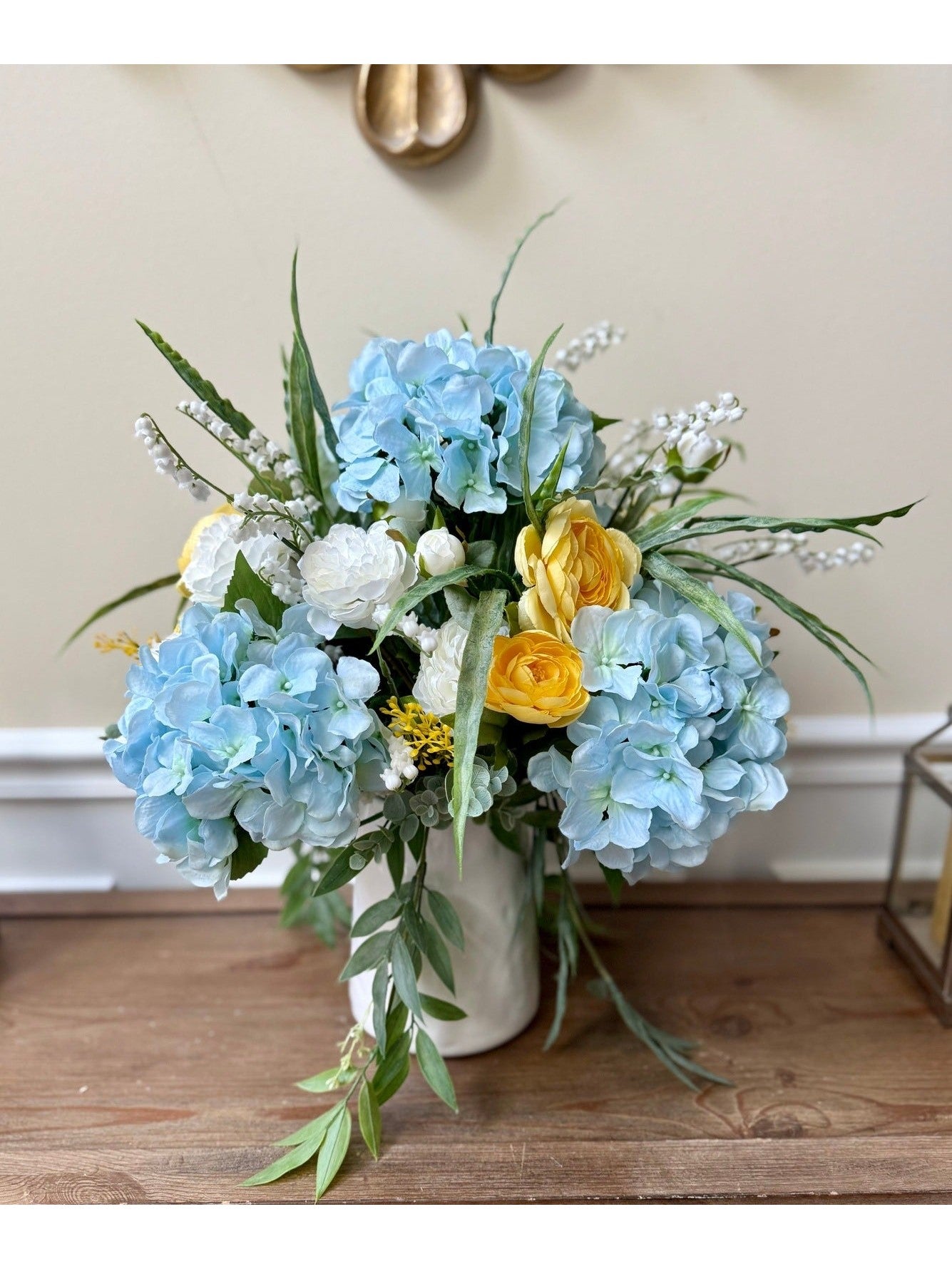 lily of the valley flower arrangement Real Touch Blue Hydrangea Floral Arrangement w Ranunculus and Lily of the Valley