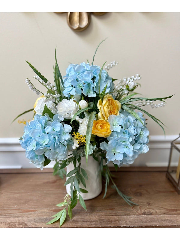Real Touch Blue Hydrangea Floral Arrangement w Ranunculus and Lily of the Valley