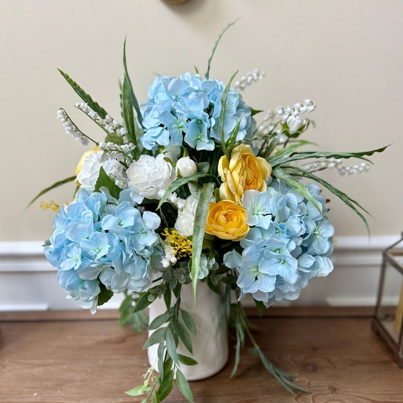 Real Touch Blue Hydrangea Floral Arrangement w Ranunculus and Lily of the Valley