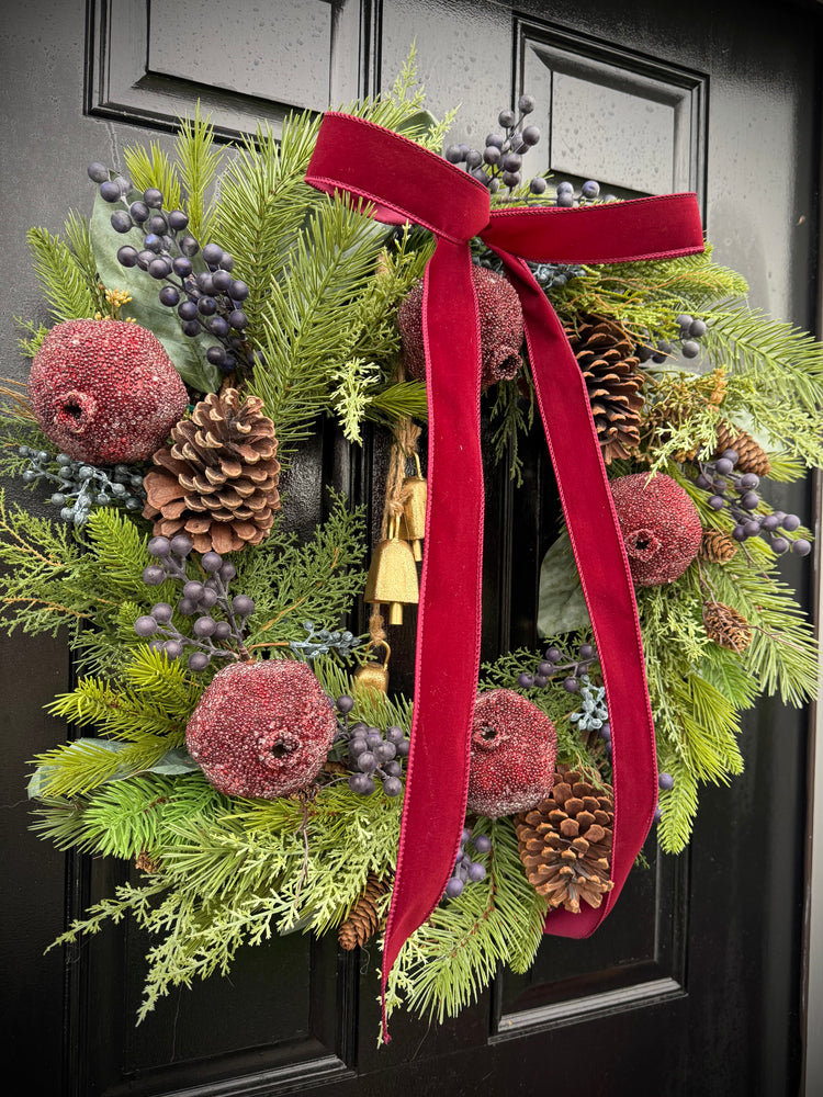 Beaded Pomegranate Fruit Pine and Magnolia Wreath with Bells for winter