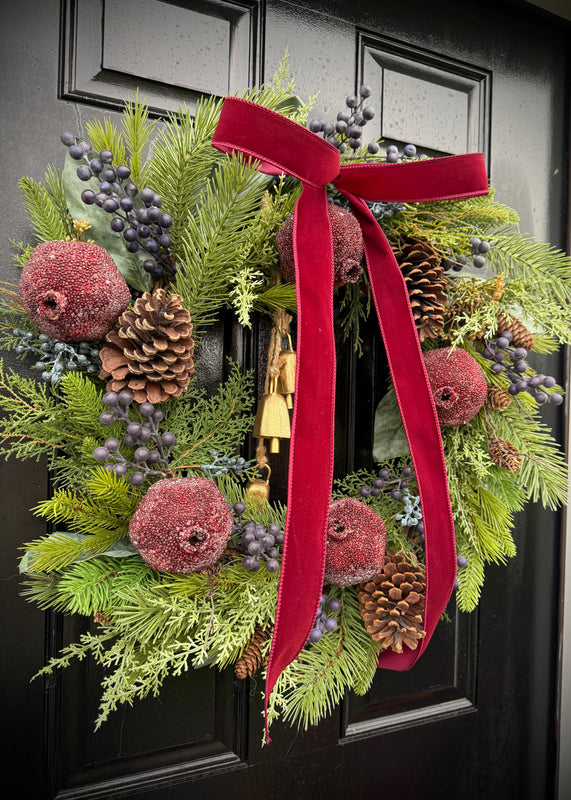 Beaded Pomegranate Fruit Pine and Magnolia Wreath with Bells for winter