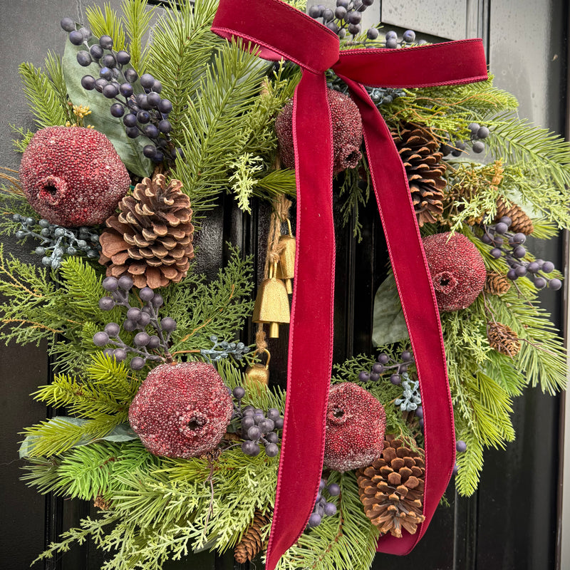 Beaded Pomegranate Fruit Pine and Magnolia Wreath with Bells for winter