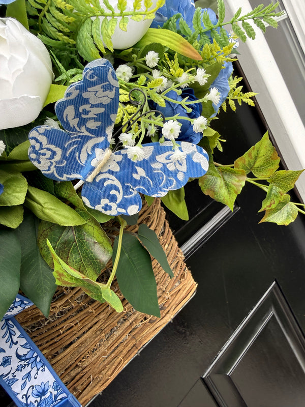 Chinoiserie Hydrangea & Peony w Butterflies Basket for Spring and Summer