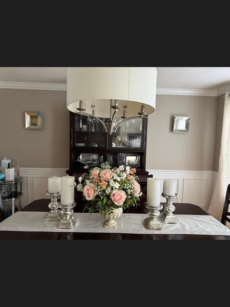 Romantic Blush Rose Faux Floral Centerpiece in Stone Style Base, Real Touch Floral Arrangement