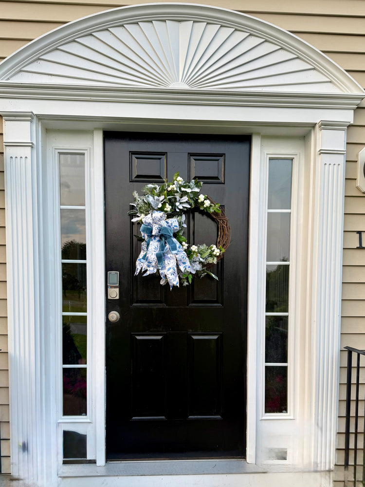 Frosted Winter Wreath w Blue and Cream Bow