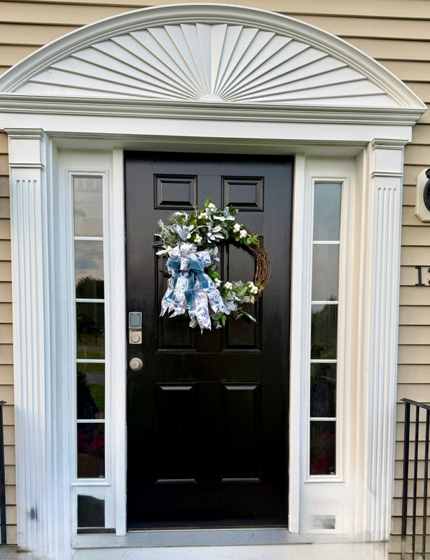 Frosted Winter Wreath w Blue and Cream Bow