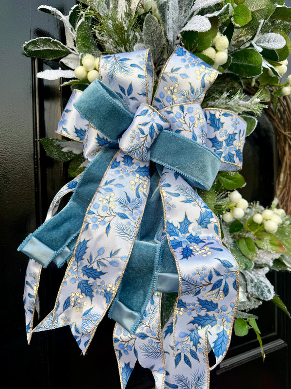Frosted Winter Wreath w Blue and Cream Bow