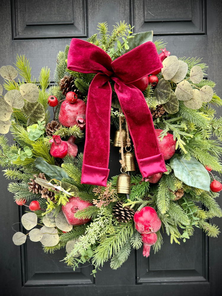 Pomegranate Pine Wreath w Antique Bells for Winter