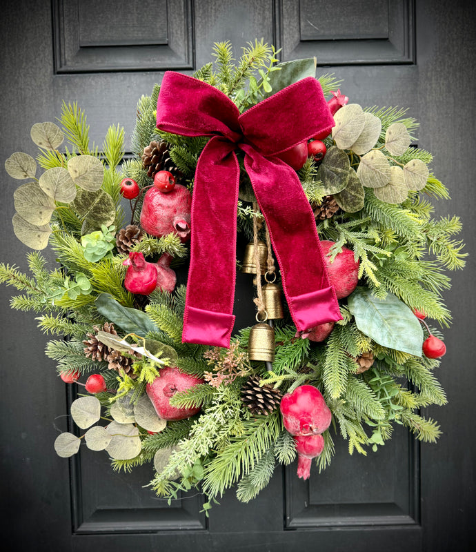 Pomegranate Pine Wreath w Antique Bells for Winter