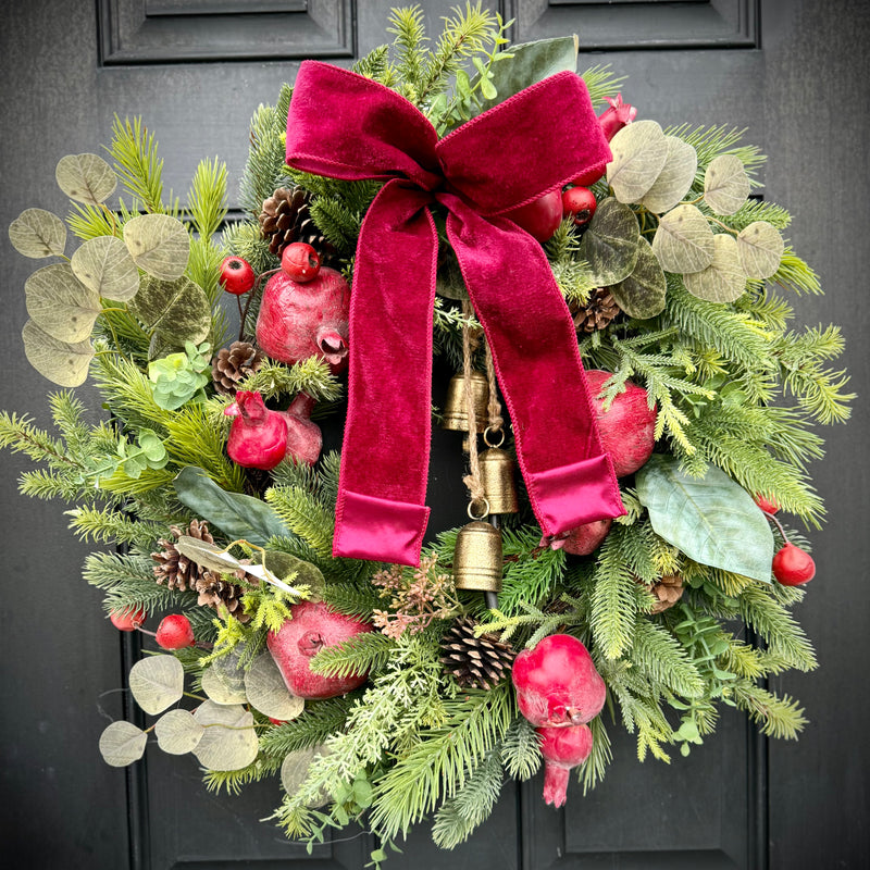 Pomegranate Pine Wreath w Antique Bells for Winter