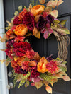 Autumn Floral Wreath with Burgundy, Orange & Yellow Flowers – Fall and Thanksgiving Door Decor