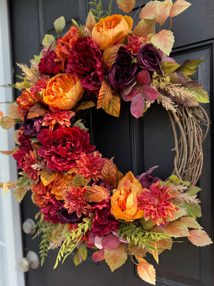 Autumn Floral Wreath with Burgundy, Orange & Yellow Flowers – Fall and Thanksgiving Door Decor