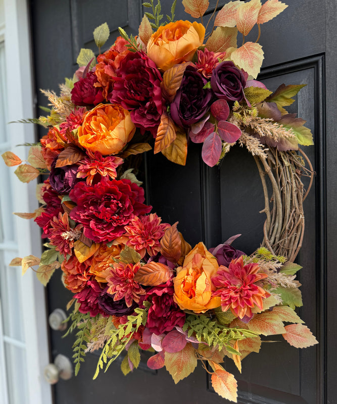 Autumn Floral Wreath with Burgundy, Orange & Yellow Flowers – Fall and Thanksgiving Door Decor