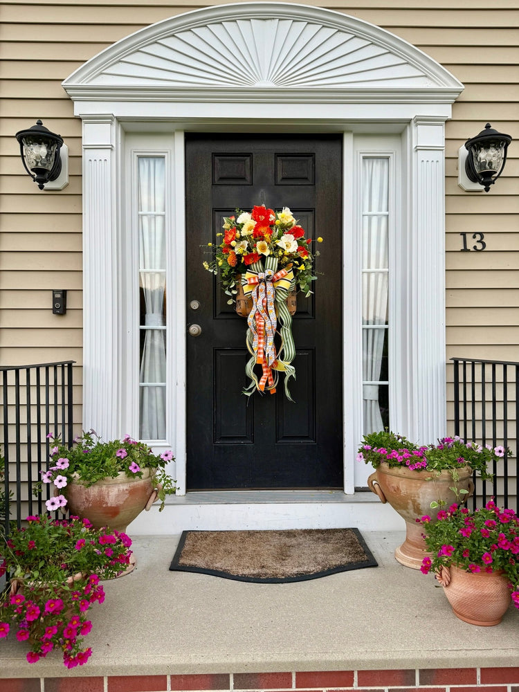 Vibrant Hanging Poppy Flower Tobacco Basket w Large Bow for Summer & Spring