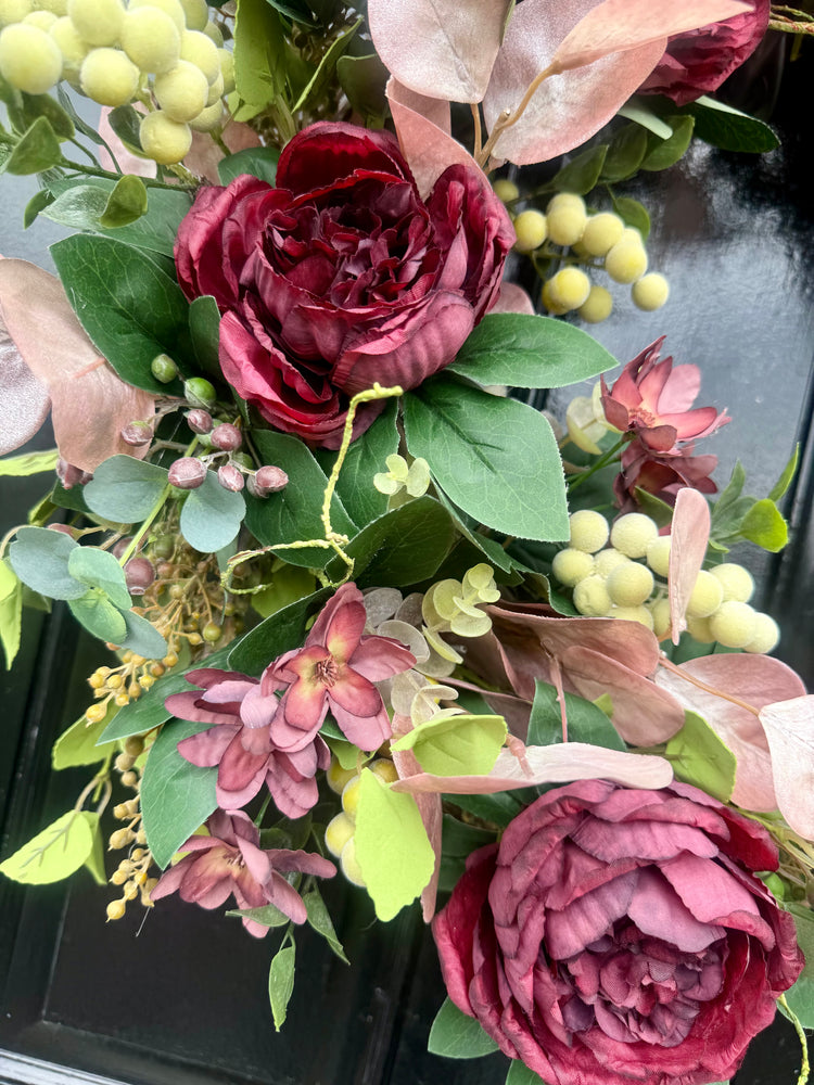 Burgundy Peony  and Eucalyptus Wreath for Spring and Fall