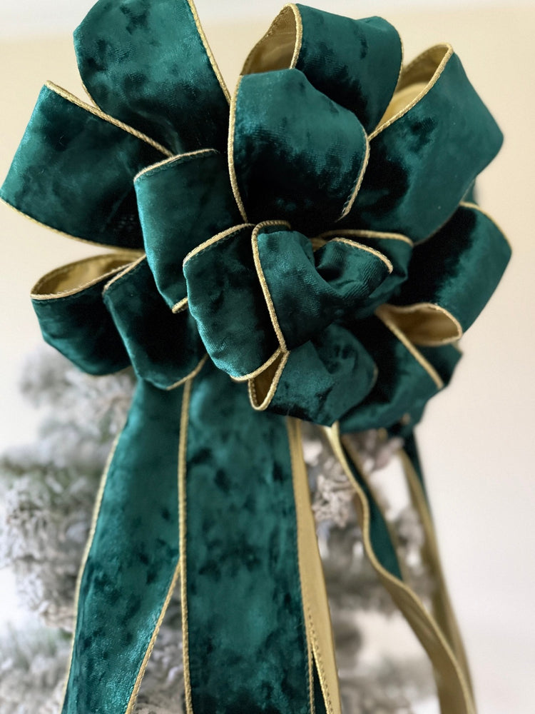 Emerald w Gold Trim Velvet Tree Topper Bow for Winter