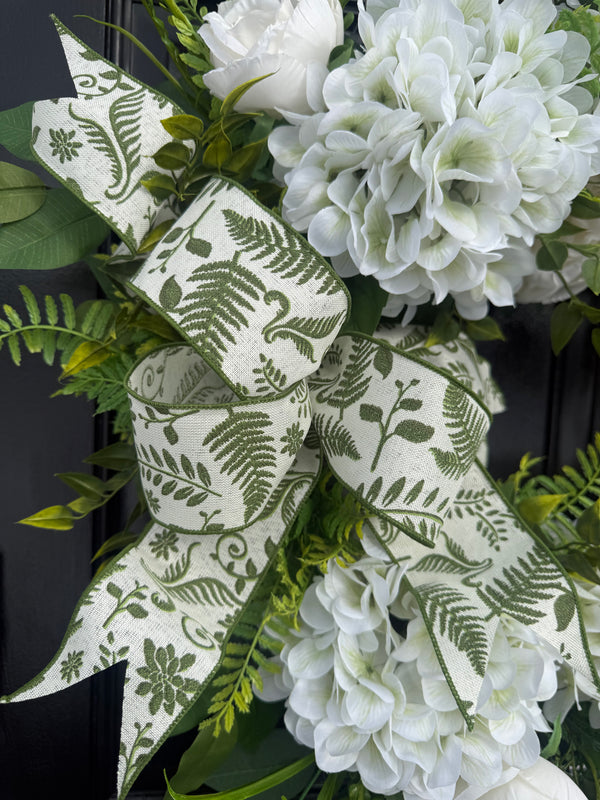 White Hydrangea Wreath with Cabbage Roses for Spring or Year Round use