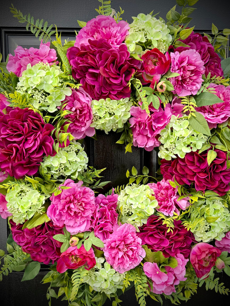 Magenta Mophead Hydrangeas & Peonies Cottagecore Wreath for Spring and summer