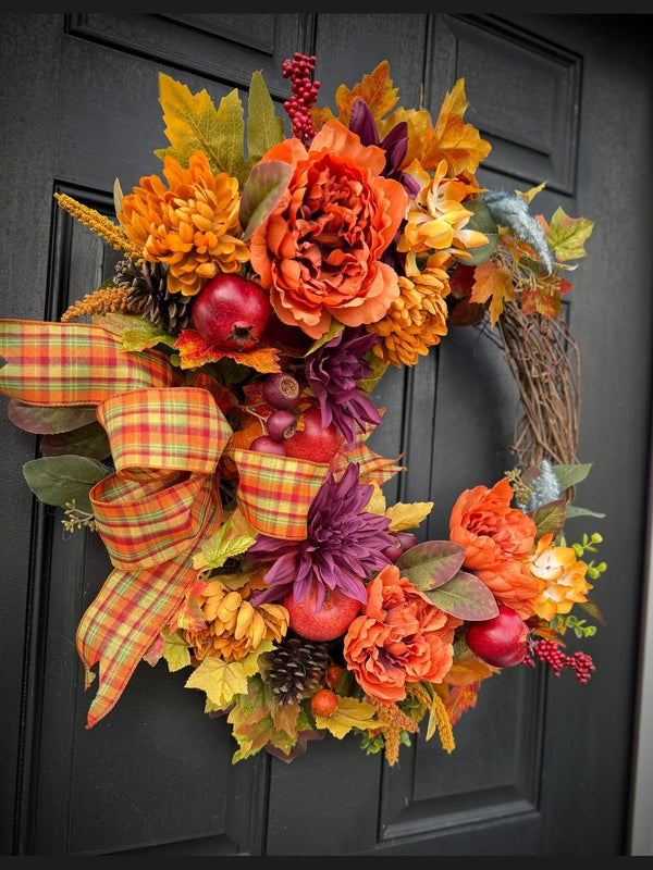 Fall Harvest Wreath with Plaid Bow & Faux Fruits