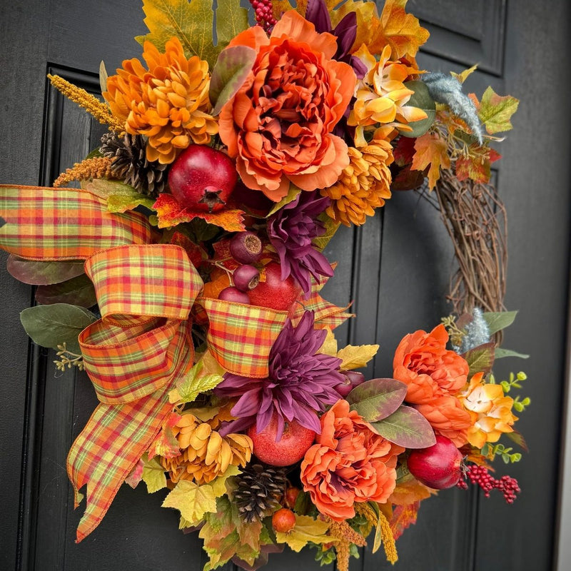 Fall Harvest Wreath with Plaid Bow & Faux Fruits