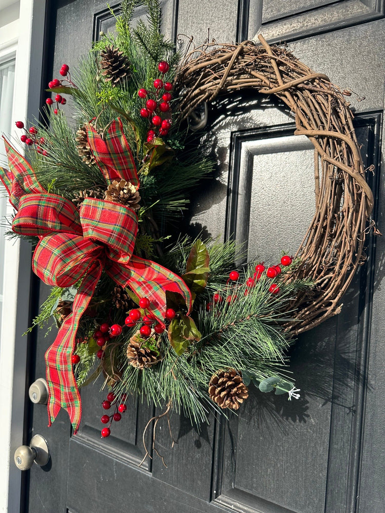 Traditional Winter Wreath w Plaid Bow
