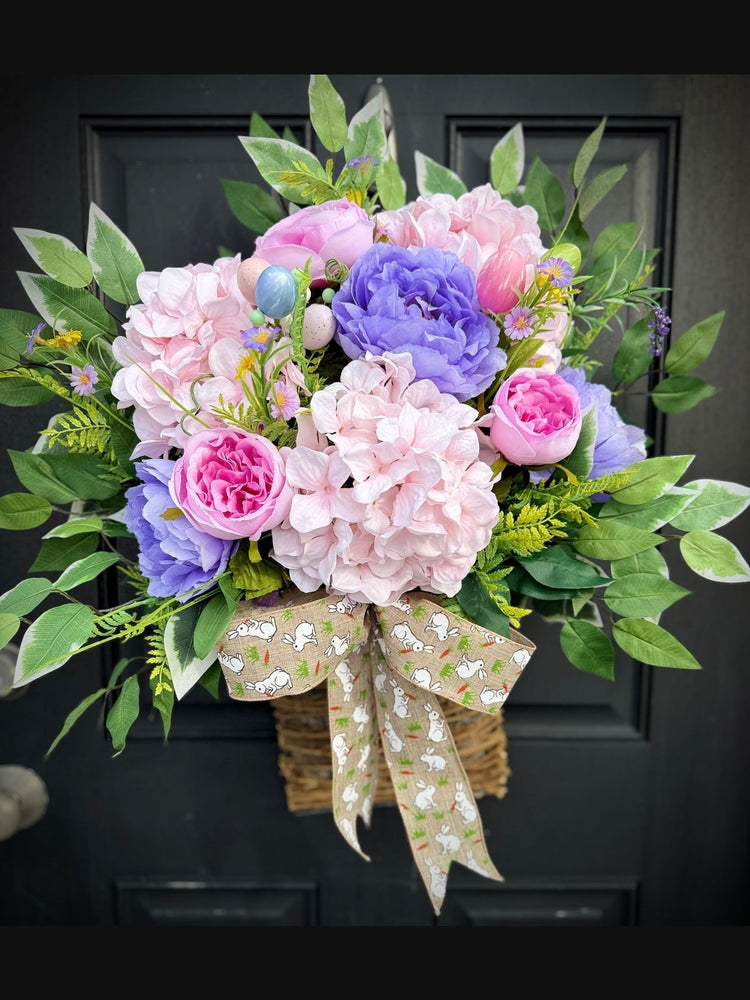 Hanging Floral Basket for Easter w Bunny Print Bow