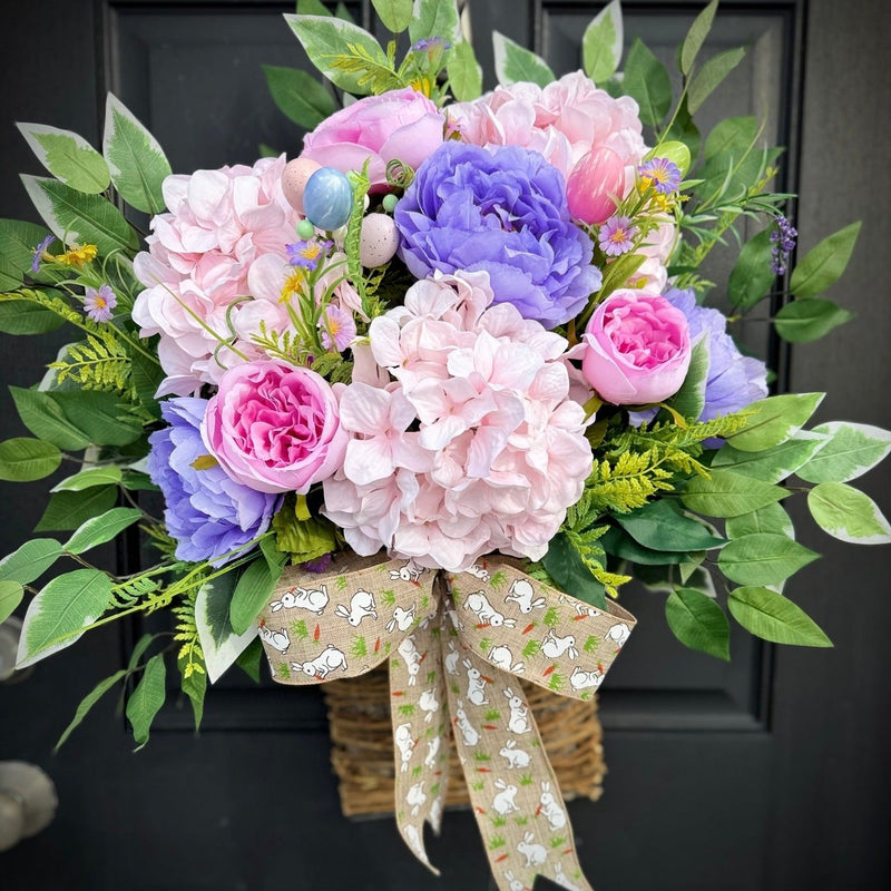 Hanging Floral Basket for Easter w Bunny Print Bow