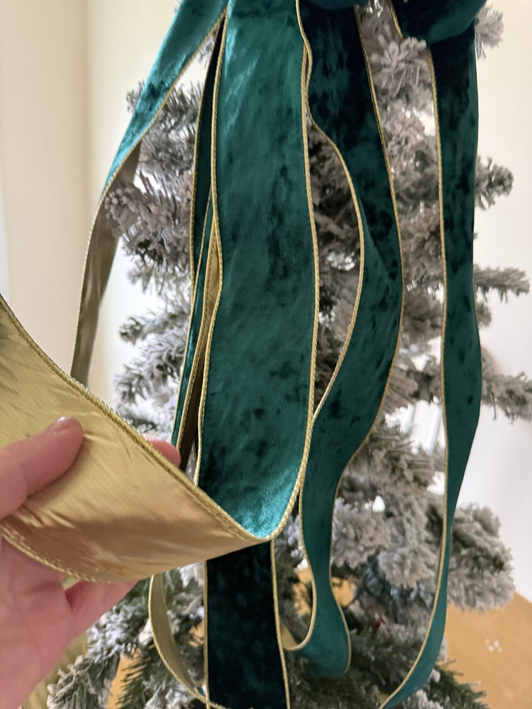 Emerald w Gold Trim Velvet Tree Topper Bow for Winter