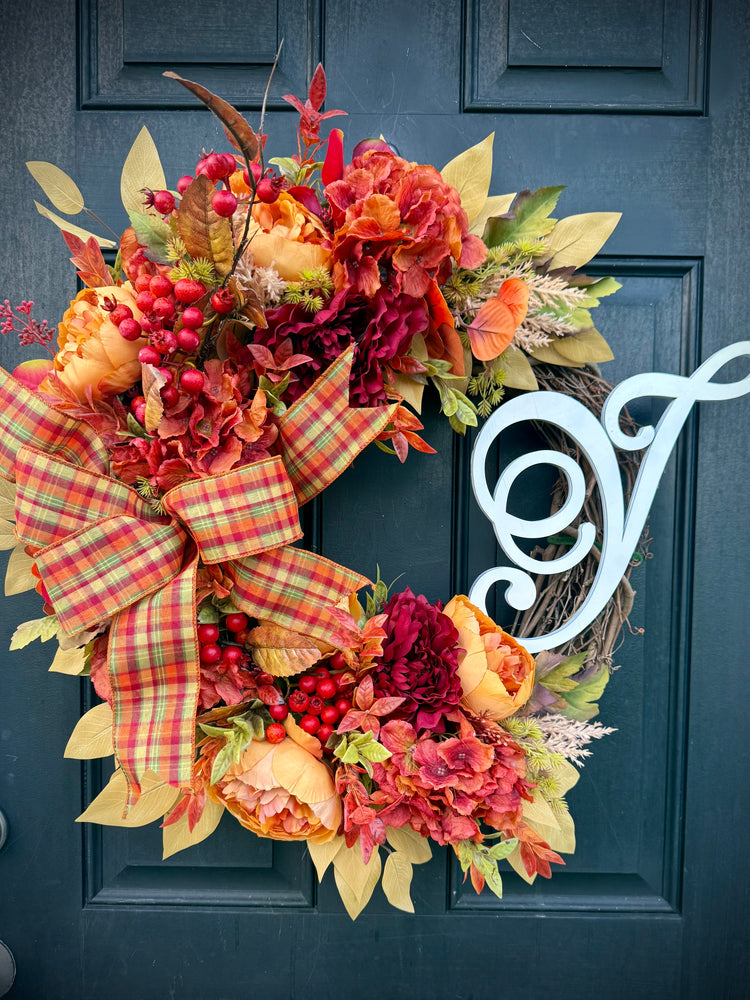 Monogrammed Fall Wreath, Autumn Entryway Decor
