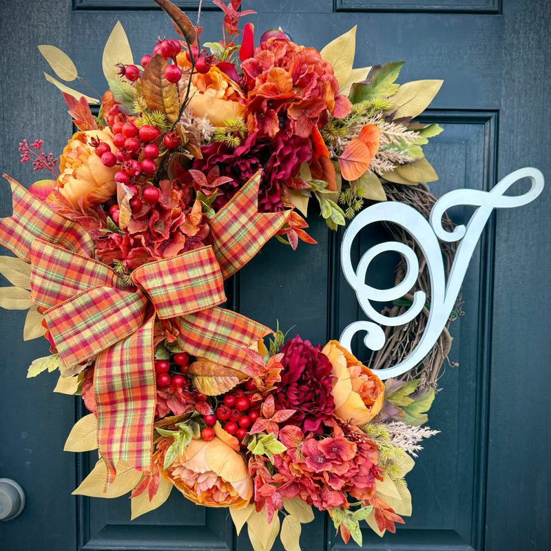 Monogrammed Fall Wreath, Autumn Entryway Decor