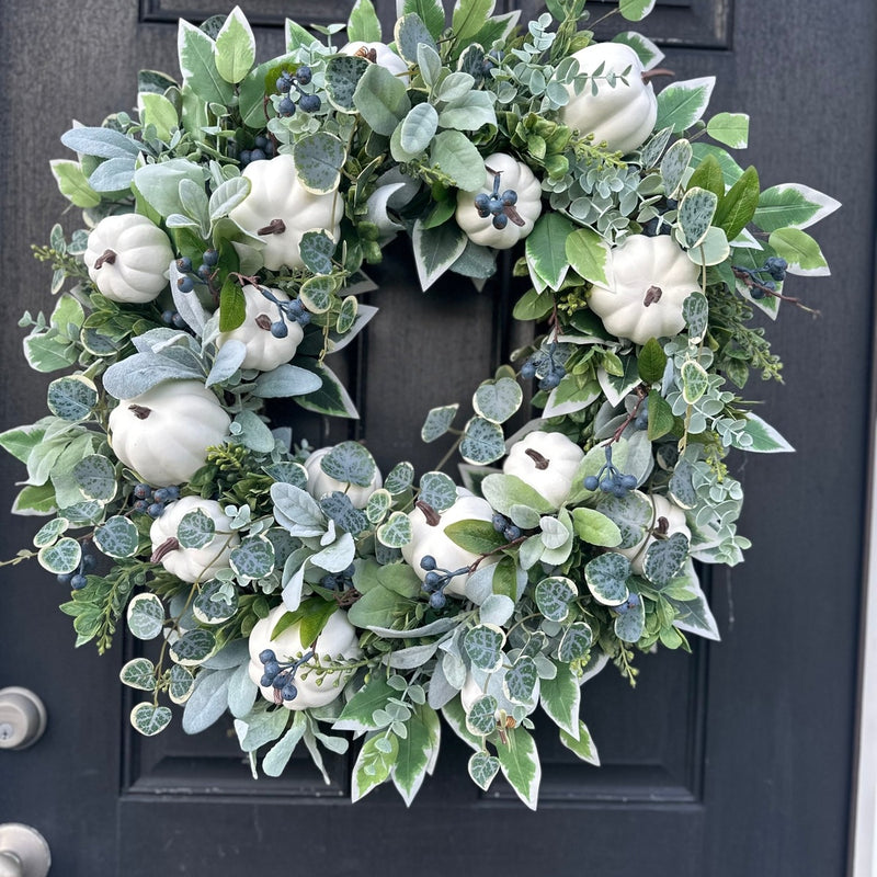 White Pumpkin and Lambs Ear Wreath for Fall