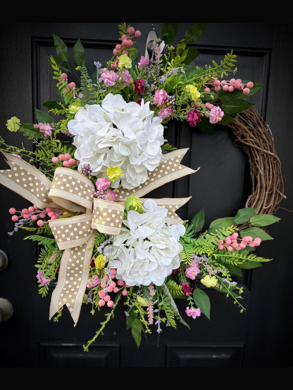 Hydrangeas & Polka Dots Wreath for Spring