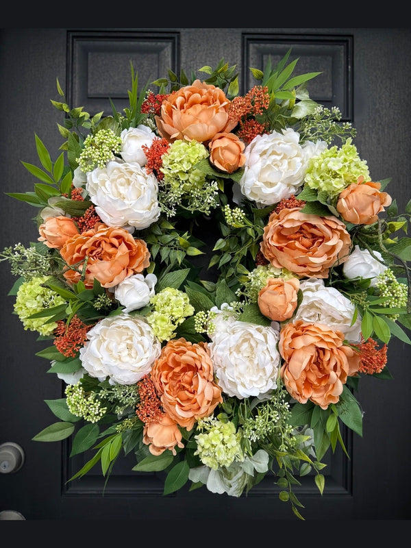 Lush Cream and Pale Orange Peony Wreath for Year Round, Spring Decor