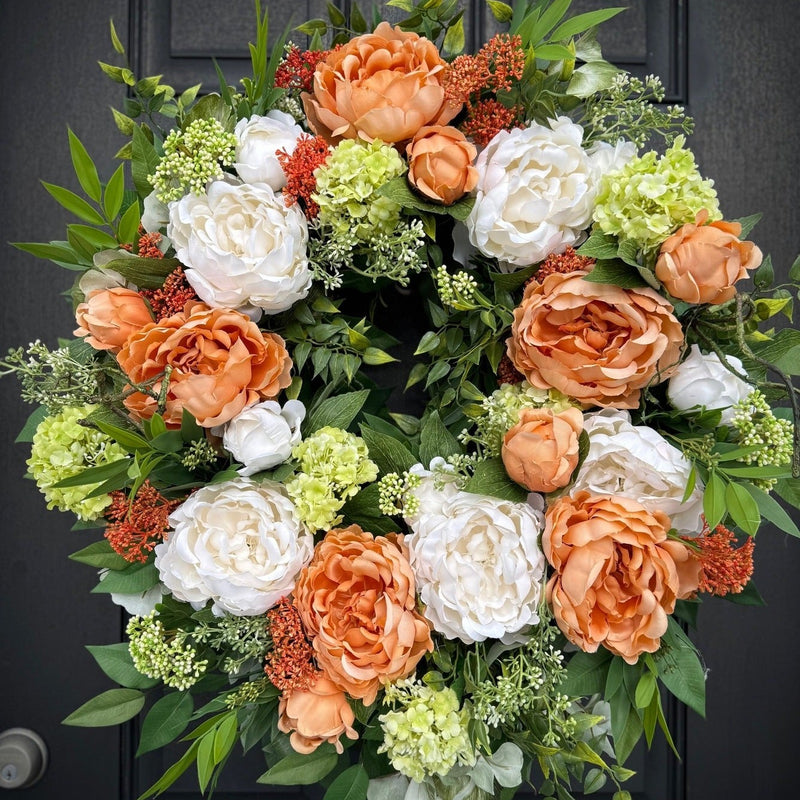 Lush Cream and Pale Orange Peony Wreath for Year Round, Spring Decor