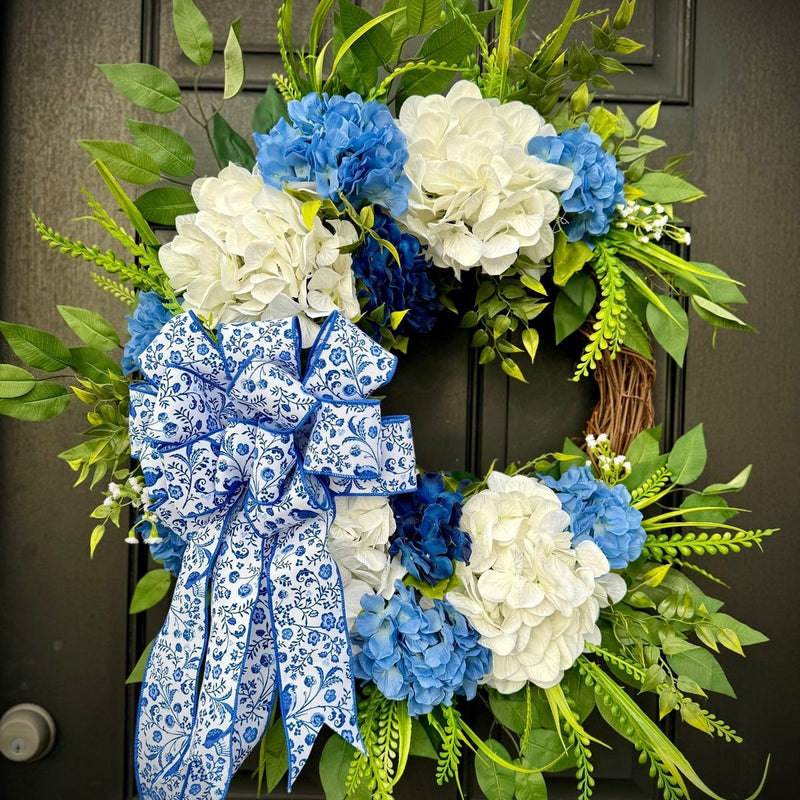 Chinoiserie Bow & Hydrangea Wreath for Spring