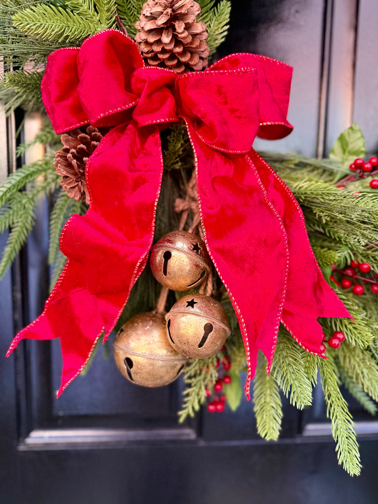 Crush Velvet  Christmas  Wreath with Tartan Bow & Golden Bells – Rustic Holiday Winter Door Decor
