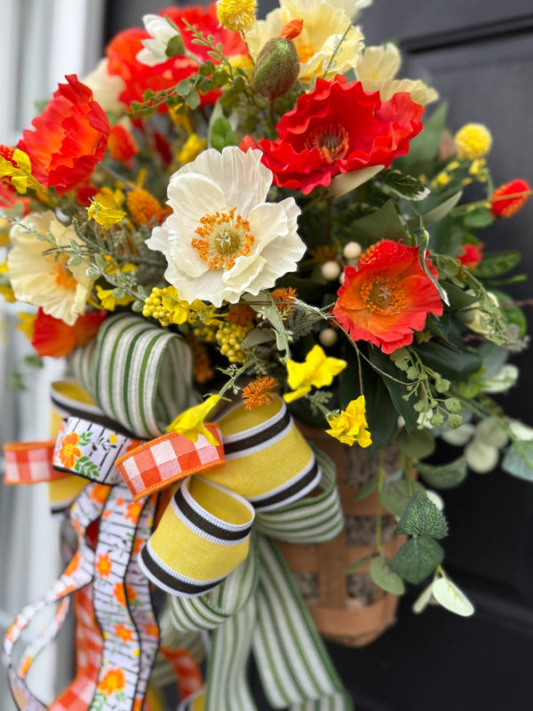 Vibrant Hanging Poppy Flower Tobacco Basket w Large Bow for Summer & Spring