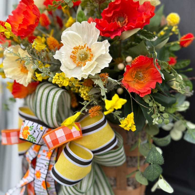 Vibrant Hanging Poppy Flower Tobacco Basket w Large Bow for Summer & Spring
