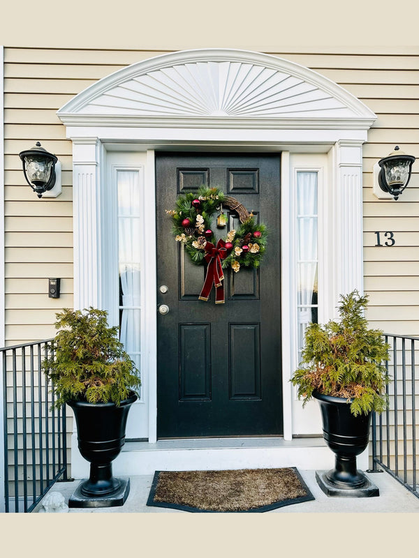 Classic Winter Wreath w Burgundy Velvet w/ Light Up Lantern