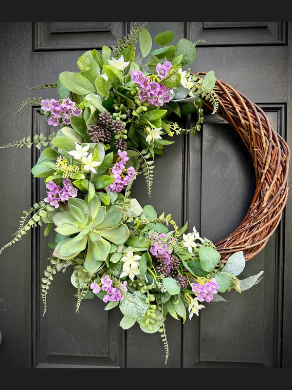 Succulent Grapevine Wreath with Lambs Ear & Eucalyptus for Summer & Spring