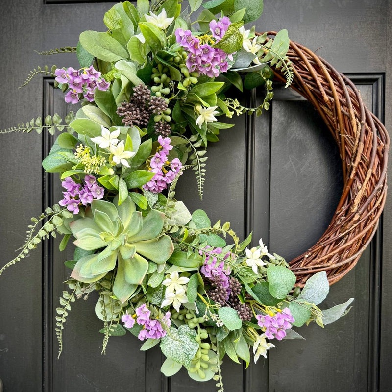 Succulent Grapevine Wreath with Lambs Ear & Eucalyptus for Summer & Spring