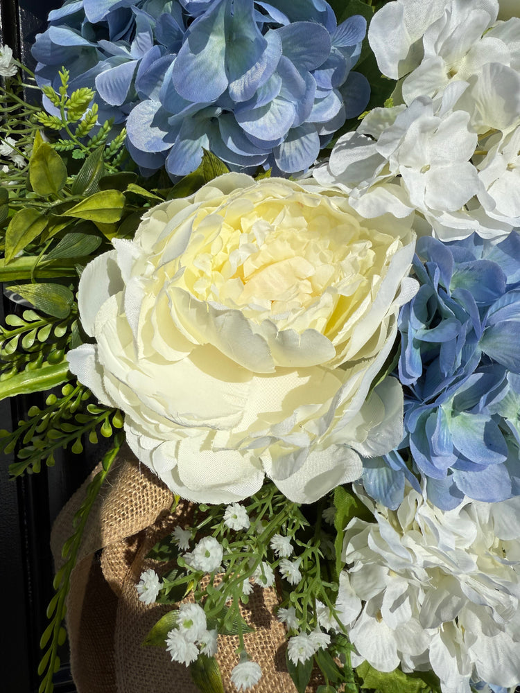 Elegant Spring Wreath with Blue & White Hydrangeas w Burlap Bow