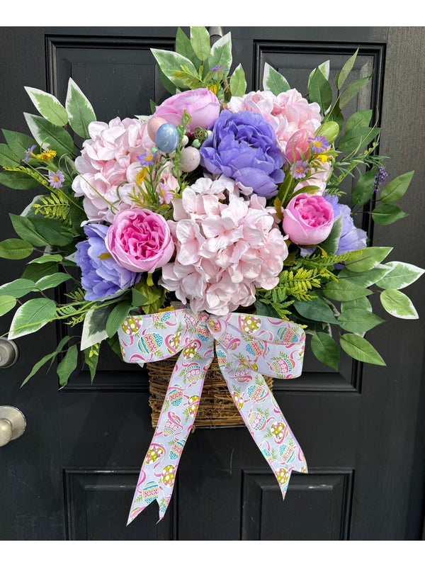 Hanging Floral Basket for Easter w Egg Print Bow