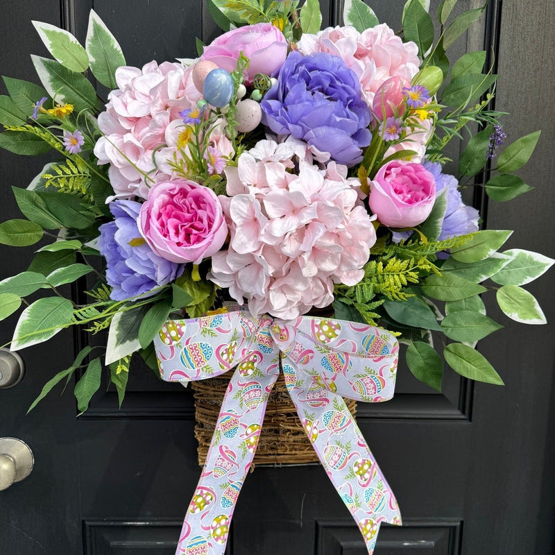 Hanging Floral Basket for Easter w Egg Print Bow