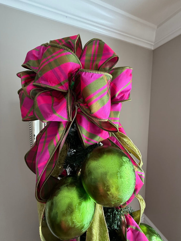 Luxe Magenta & Green Duponi Tree Topper Bow for Winter