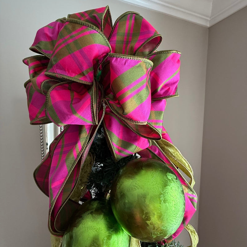 Luxe Magenta & Green Duponi Tree Topper Bow for Winter