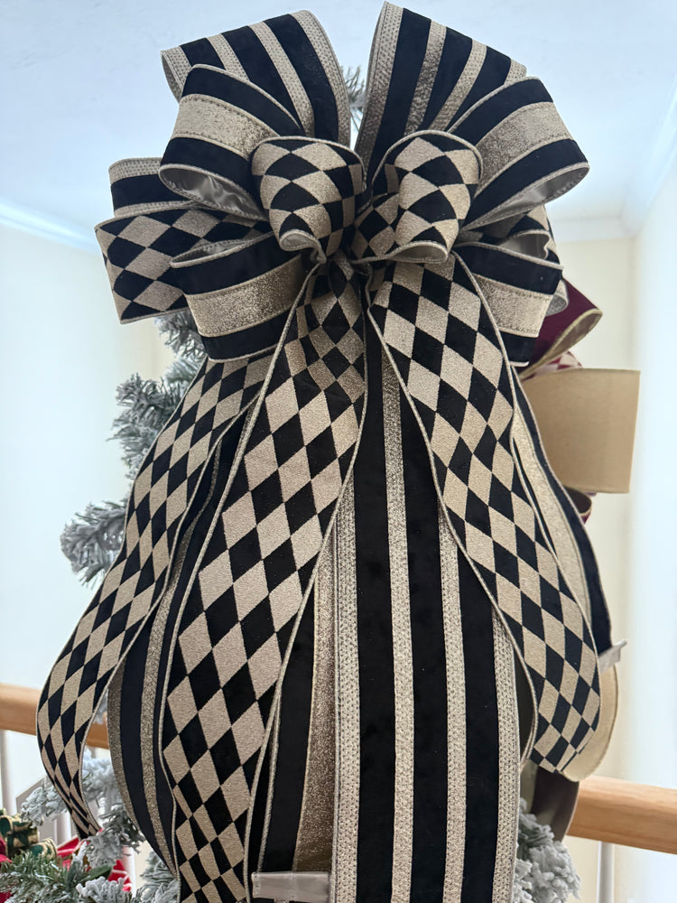 Gold & Black Harlequin Christmas Tree Topper Bow