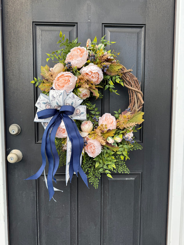 Peony Wreath with Birds Nest Bow for Year Round and Spring Decor